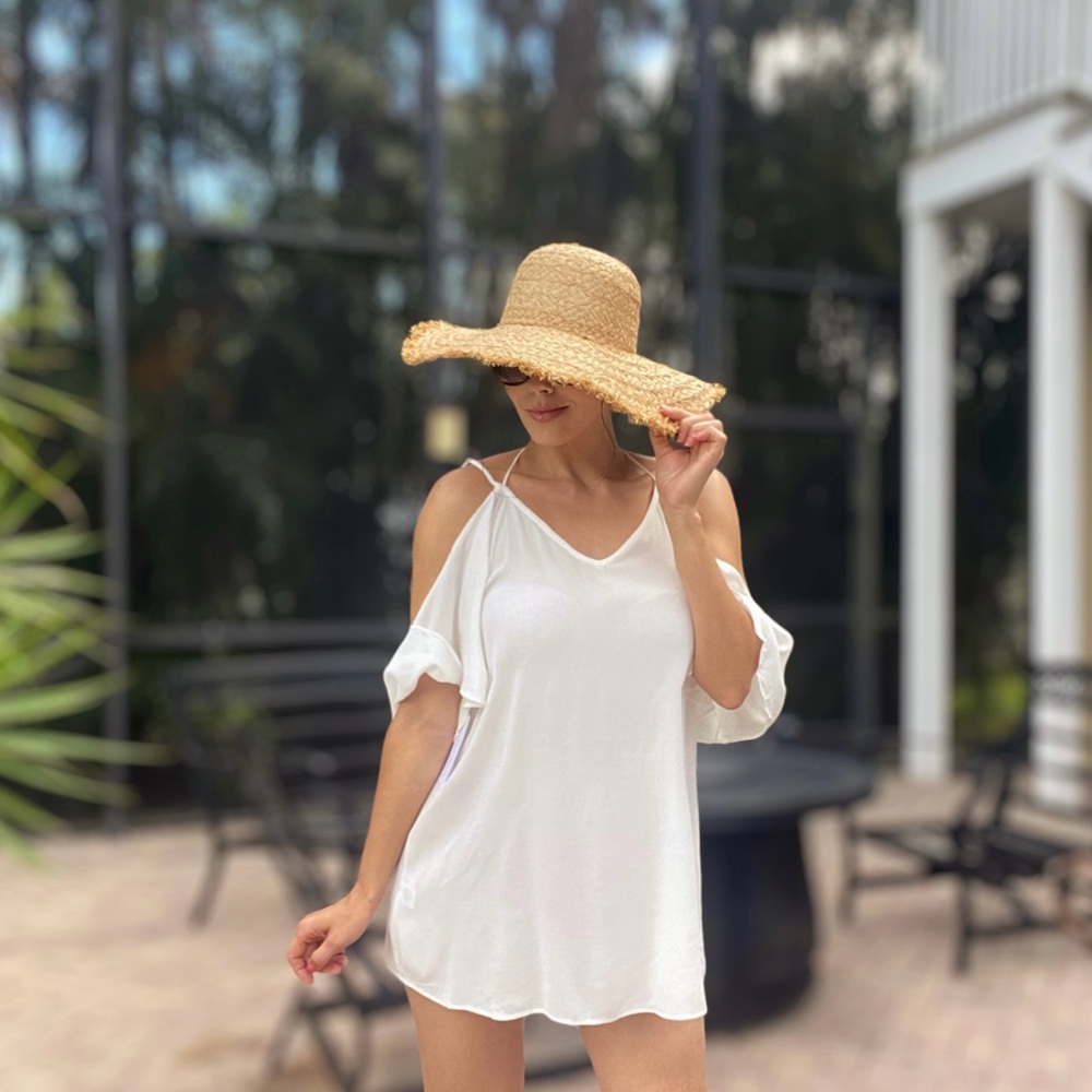 Cotton Candy LA Off-Shoulder Boho Mini Dress with Tassel Tie and V-Neck - Size M